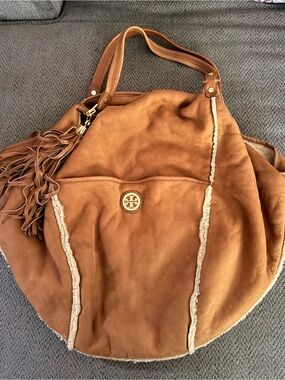 Tory Burch Tan Suede Shearling-Trim Shoulder Hobo with Tassels